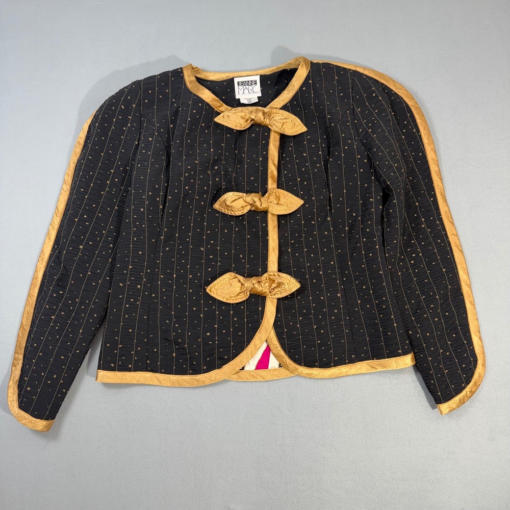 Vintage Jeanne Marc Bow Front Evening Jacket Gold Trim Black Retro Women XS 4/6